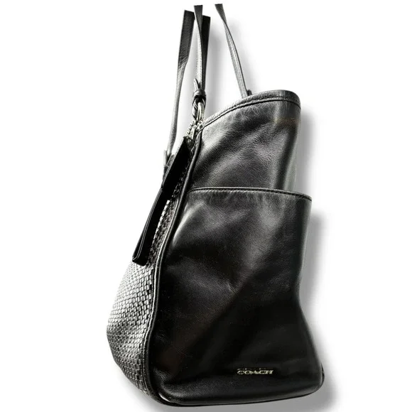 Coach F31285 Black Woven Leather Tote Shoulder Bag Zip Top Classic Everyday - Picture 5 of 13